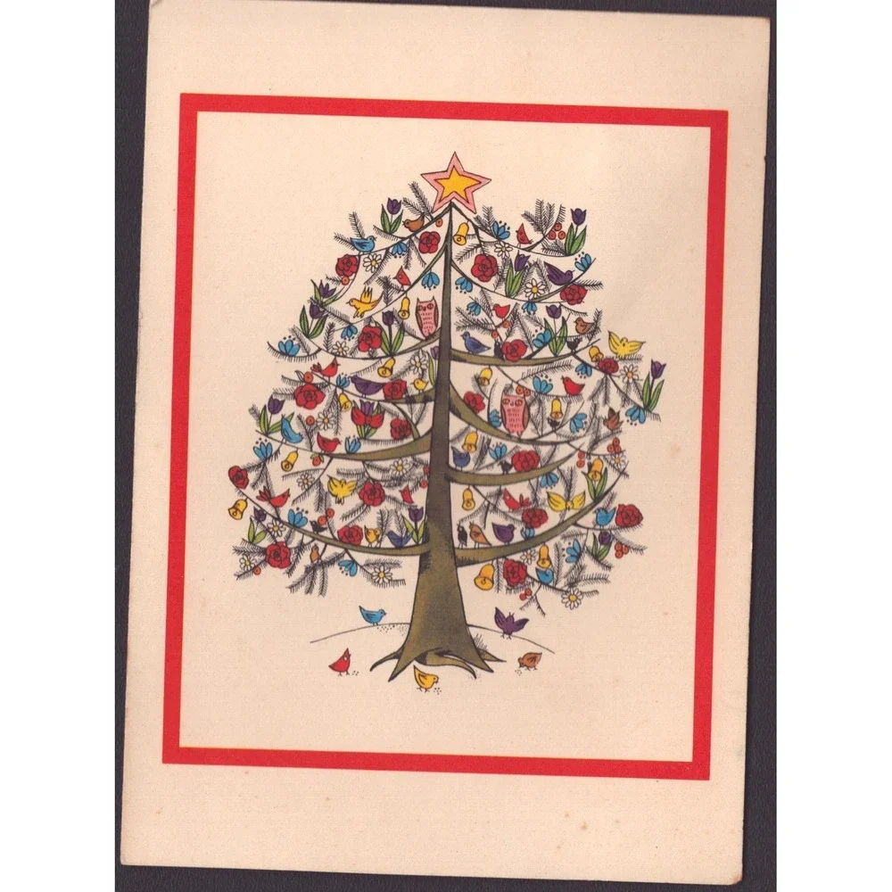 Vintage UNICEF Christmas Card Joyful Season Anne Rockwell Bird Tree
